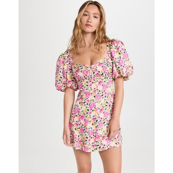 For Love and Lemons Sasha Dress Floral Puff Short Sleeve Ruched Bow Pink Mini - Picture 1 of 15